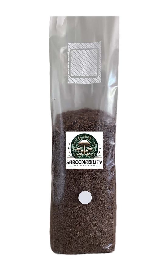 1 pack of 2.5 pound Shroomability brand wood based mushroom substrate with injection ports and 5 micron gas exchange filter