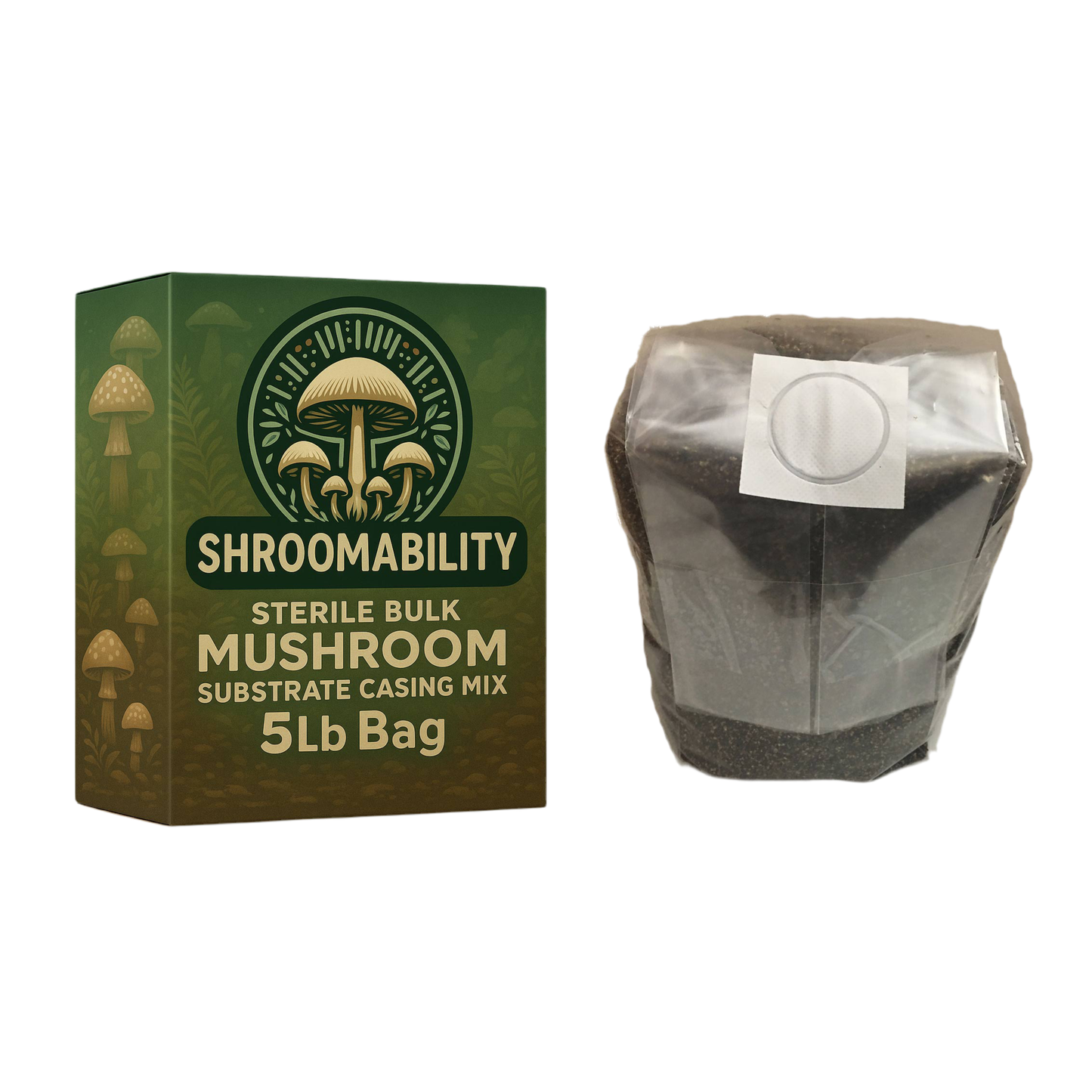 Shroomability mushroom substrate casing mix CVG packaging and a 5lb bag 